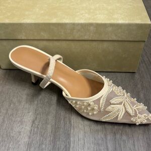 Elegant Cream Embellished Women's Kitten Heel